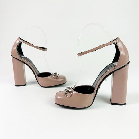 GUCCI Dusty Pink Horsebit Heel Sandal Size 36 Leather Block Ankle Mary Jane - Picture 5 of 13